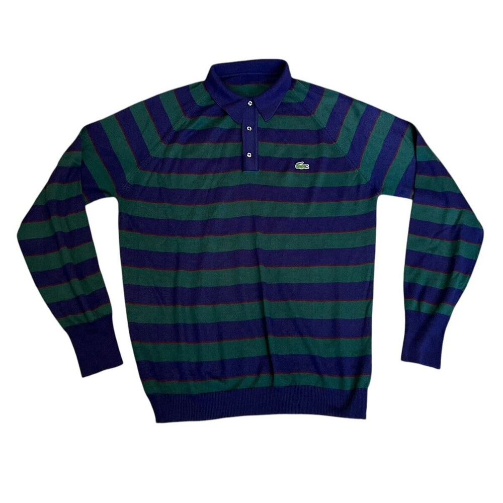 Lacoste Navy and Forest Green Striped Long-Sleeve Polo Sweater
